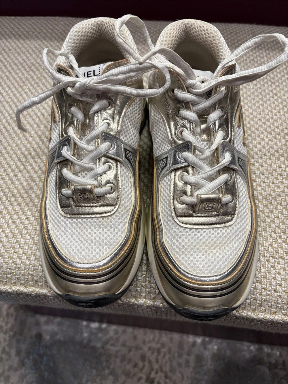 CHANEL Cream and Metallic Silver Low-Top Sneakers